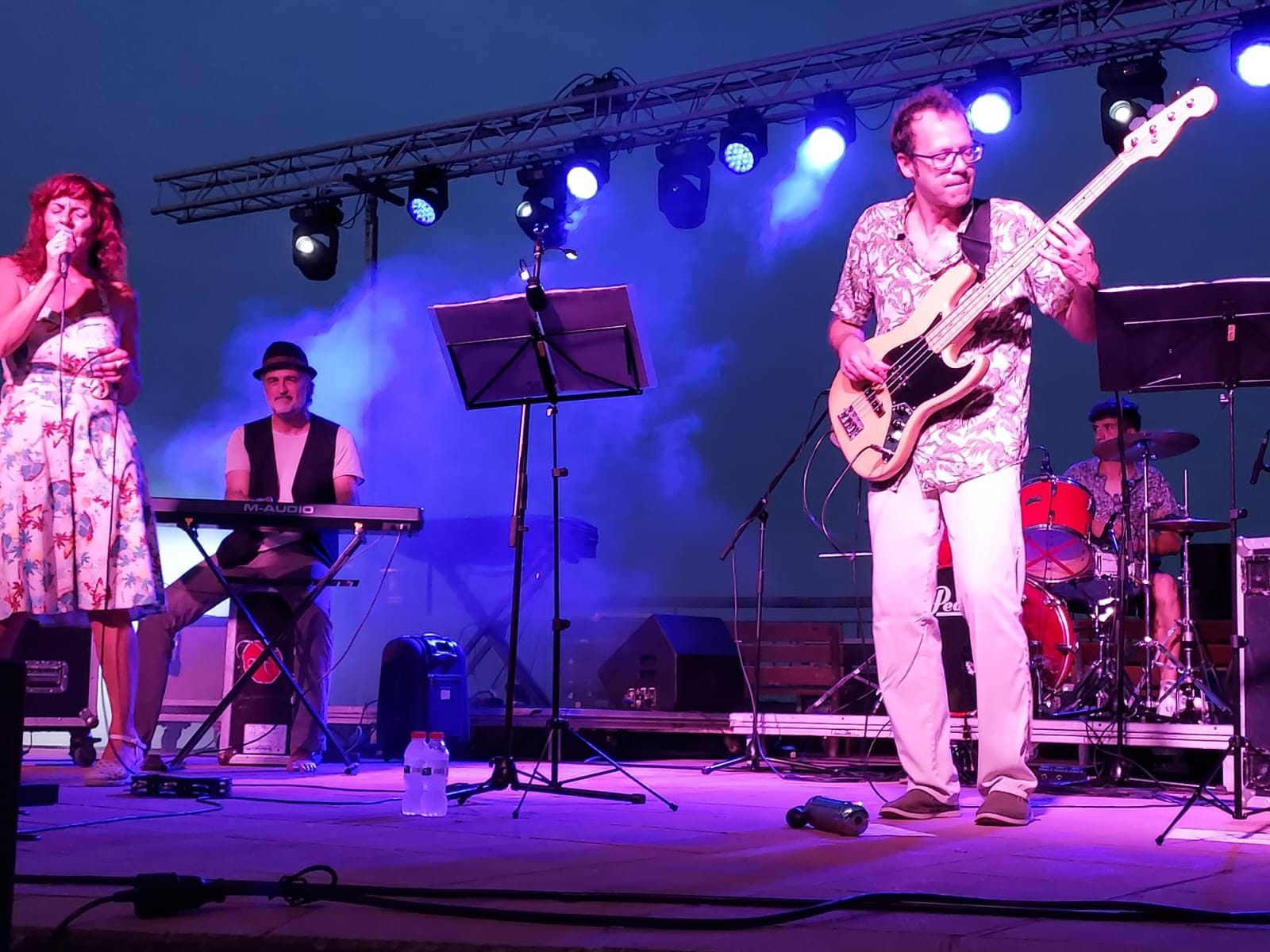 Banda completa a l'escenari amb llums liles